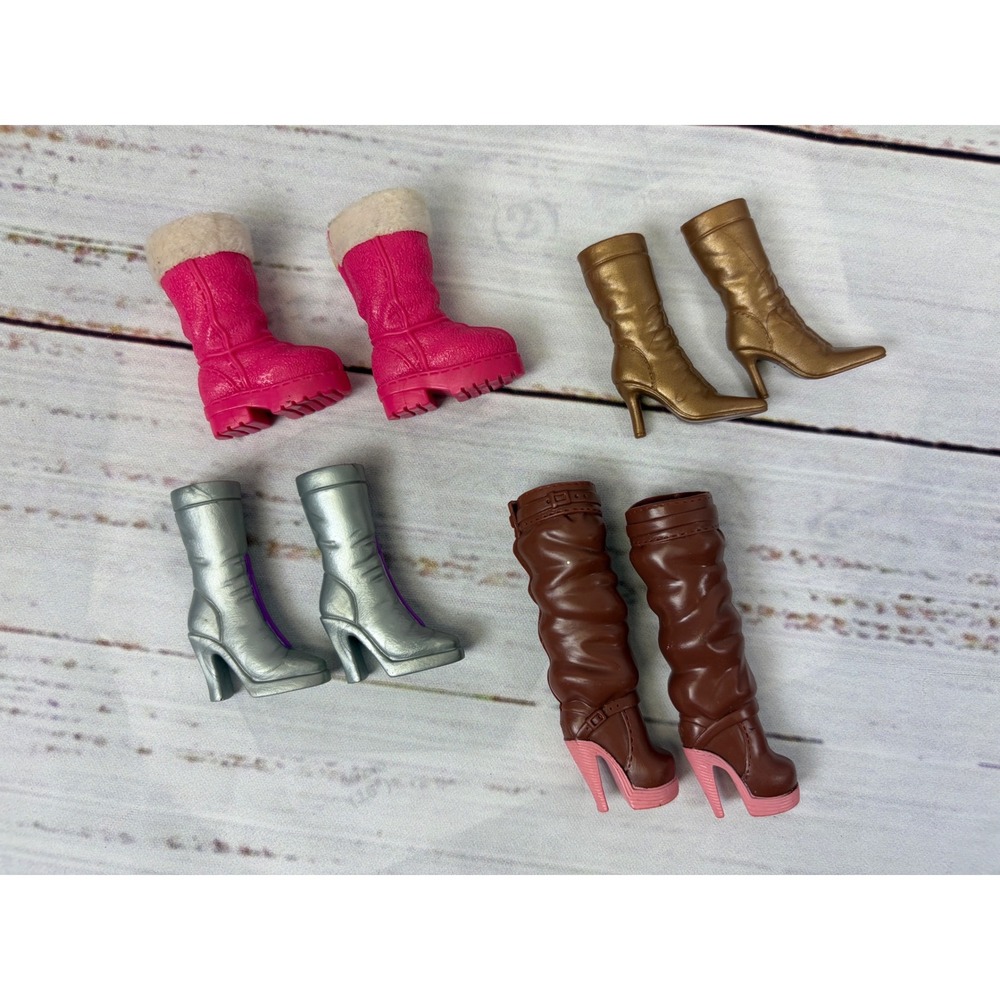 Fashion Doll Barbie Boots Lot 4 Pairs Pink Fur Silver Gold Stiletto Winter Shoes